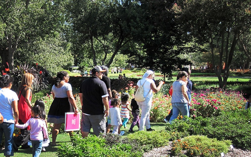 A group of people walking along a path at the Arboretum