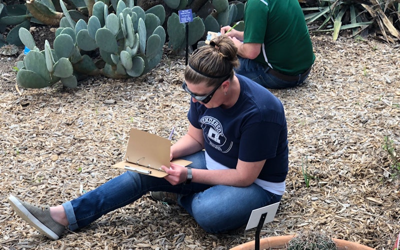 Educator taking notes while observing plants