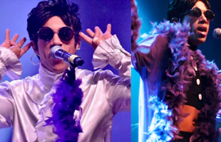 Two photos of Purple Haze lead singer dressed up