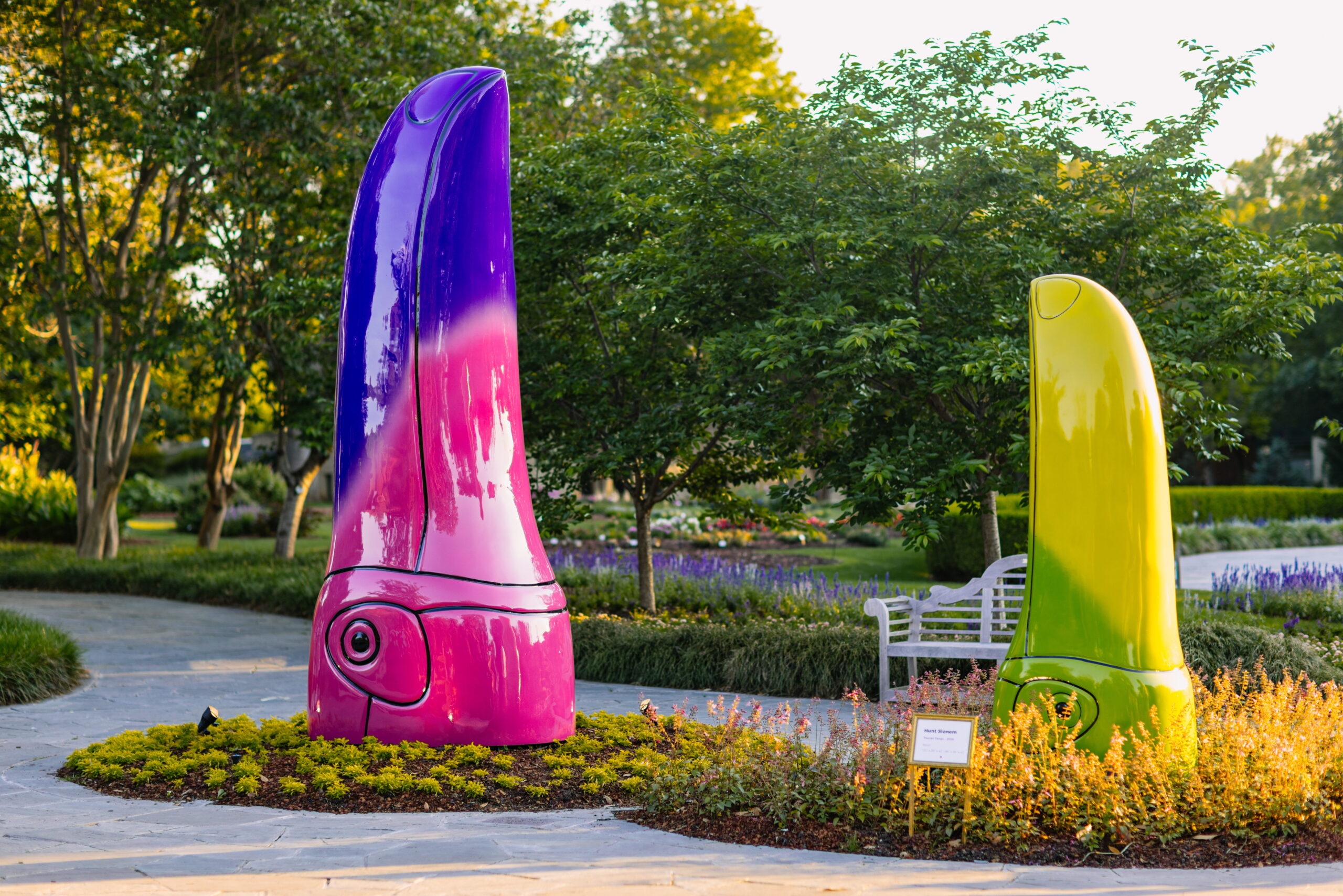 Hunt Slonem's Toucan Tango sculptures on display at the Dallas Arboretum.